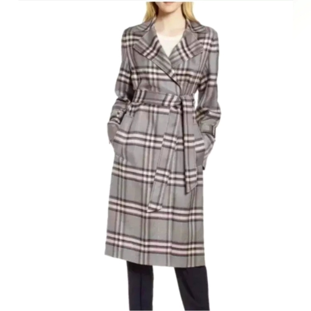 Lewit Plaid Trench Coat Long Sleeves Pockets Storm Flap Pink Blue Duster Sz M